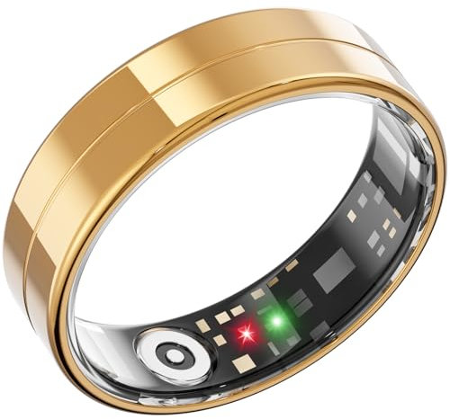 Anillo Inteligente de Salud, Monitoriza Automáticamente la Frecuencia Cardíaca, el Sueño, la Temperatura Corporal. 24/7. Anillos para Hombre y Mujer, sin Suscripción, para Android e iOS (Oro,12)