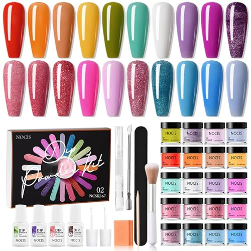 DUIMIMI Kit de uñas en polvo de inmersión de 20 colores, secado rápido, no se necesita lámpara LED, kit de inicio de polvo de muesca con base con base, capa superior, activador (NCSKJ-67)