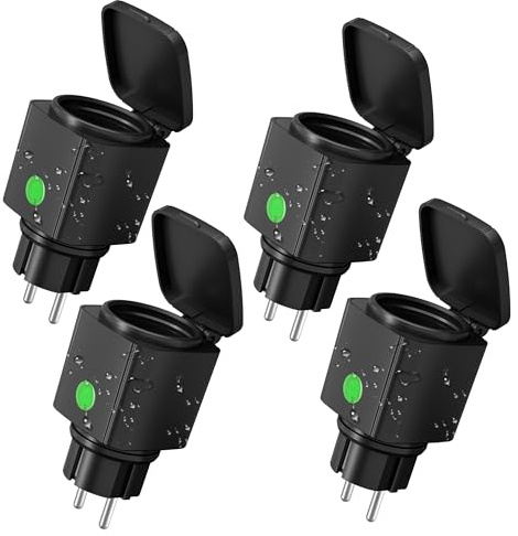 HBN 4er WLAN Steckdose Outdoor 16A, Smart Home Zeitschaltuhr Aussenbereich mit App Steuerung, Sprachsteuerung, IP44 Alexa Außensteckdose, kompatibel mit Alexa & Google Home 2,4GHz, Schwarz