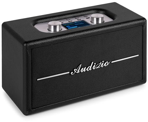 Audizio Tune60, DAB Radio mit Bluetooth Lautsprecher, Fernbedienung, FM, 40 Watt, Batterie- Netzbetrieb, LCD, 20 Speicherplätze, USB/TF, AUX, Wecker, Leder Vintage DAB+ Radio, Schwarz