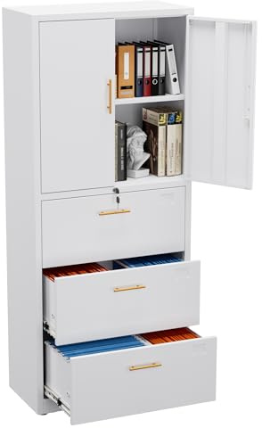 Aobabo Metal Storage Cabinet with 3 Drawers,Metal Office Cabinet with Lockable Doors and Drawer for Home Office,Hanging Files Letter/legal Size,White,Assembly Required.White