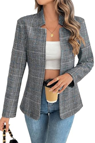ELLEVEN Plaid Blazer for Women Tweed Fashion Trendy Boyfried Outfits for Work Business Casual Notch Collar Long Sleeve Houndstooth Suit Slim Fit Jacket Coat Black Blue Plaid X-Large