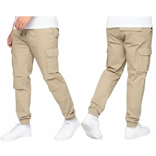 Crosshatch Men's Stretch Cargo Jogger Pants – Drawstring Waist, Cuffed Ankles, 6-Pocket Utility Design Stone XL