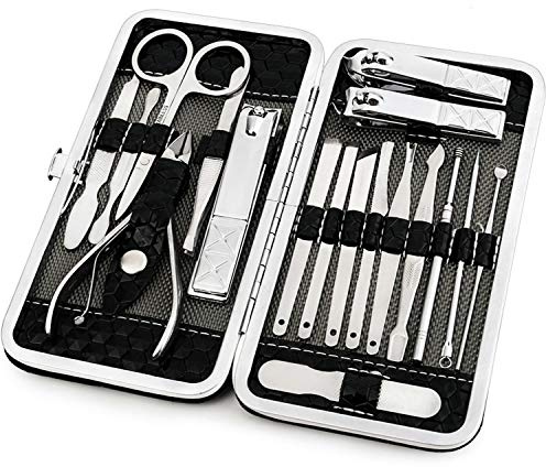 Manicure Pedicure Set Nail Clippers Kit 18 Pcs Stainless Steel Hygiene Kit Portable Nail Trimming set and Grooming Tools with Fine Leather Case [Gift Box] (18 PCS - Black)