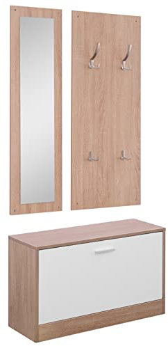 HOMCOM 3-teiliges Garderoben-Set Flurgaderobe mit Schuhschrank Garderobe Wandspiegel 4 Haken Natur 30 x 100 cm (Spiegel)