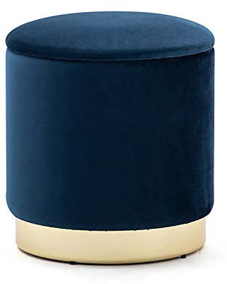 HNNHOME 37cm Round Velvet Ottoman Storage Box with Lid, Pouffe Seat Chair, Living Room Footstool, Bedroom Dressing Stool with Gold Plating Base (Dark Blue)