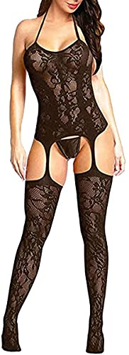 Bommi Fairy Women's Fishnet Chemise BobyStocking Babydoll Bodysuit Chemise Nightwear Perspective Lingerie Mini Dress One Size (Black)