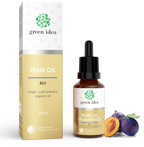 Green idea - Pflaumenöl BIO Gesicht 100% rein, natürlich, kaltgepresst | Für Haare, Haut, Lippen und Nägel | NaTrue-Zertifikat | Glasflasche und Pipette 25 ml