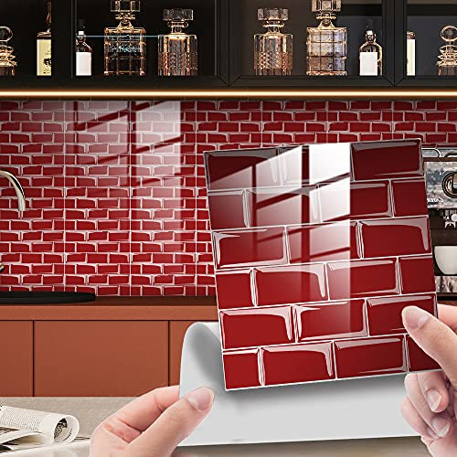 Hiser 25 Piezas Mármol Adhesivos Decorativos Azulejos Pegatinas para Baldosas del Baño/Cocina Mármol Impresión de Mosaico - Clásico Resistente al Agua Pegatina de Pared (Rojo,10x10cm)