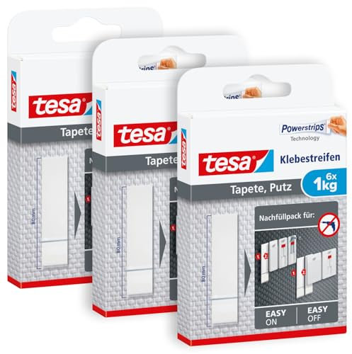 tesa Powerstrips Languettes Adhésives pour Papier Peint et Plâtre – Recharges pour Clou Adhésif tesa – Adhérence de 1,0kg/Clou – S'enlève sans Traces - Lot de 3