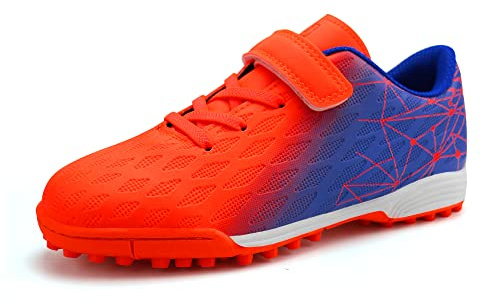 JABASIC Zapatos de Fútbol para Niños y Niñas, Botas de Fútbol para Césped Artificial, Naranja y Azul, 27 EU
