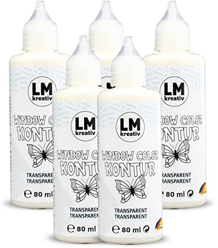 LM Window Color Set Kontur (5 x 80 ml Transparent) - Abziehbare Fenster-Farbe/für Fensterbilder auf Spiegelfliesen & andere glatte Oberflächen. Windows Color Glasmalstifte sind einfach zu dosieren