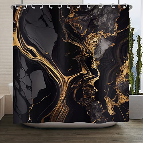 ASDCXZ Marmor-duschdraperi svart/guld, 180 x 220 cm, modernt, abstrakt, marmorutseende, textur, tvättbara duschdraperier, polyester, textil, vattentätt, duschdraperi för badkar med 12 krokar