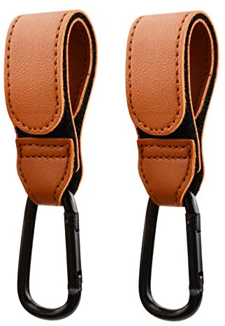 2 Stück Kinderwagen Haken, Leder karabiner Kinderwagen Buggy-Clips Träger Baby Tasche Clips, Taschenhaken Anhänger für Wickeltaschen, Kinderwagen Zubehör (Braun)