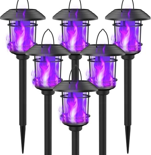 Dynaming 6 Pack Solar Flame Torch Lights Outdoor, Dual Use Flickering Purple Flame Garden Light, Hanging Lantern, Auto On/Off & Waterproof Halloween Lighting for Lawn Patio Yard Walkway Driveway