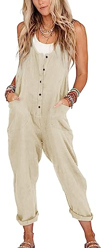Yeokou Womens Overalls Linen Cotton Jumpsuits Loose Casual Jumpers with Pockets(Beige-Medium-new1)