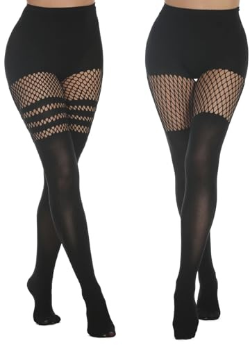 MANZI 2 Pairs Women's Suspender Opaque Fishnet Stockings Thigh High Mesh Fishnets Black Stocking Tights