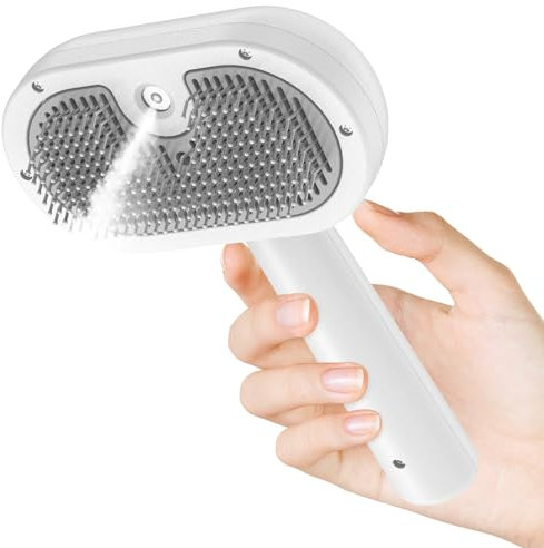 BIRDTOBR Steamy Katzenbürste, 3 in 1 Katzenbürste Mit Dampf, Multifunktionale Katzenspray-Massagekamm, Steamy Cat Brush Beseitigen Sie Fliegende Haare mit Einem Knopf für Katze und Hund-Weiß