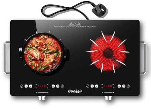 Cooksir Two Electric Hob Portable, Double Ceramic Hob 3200W, Plug in Hob Free-Standing with Handles, 2 Ring Electric Hob Knobs and Touch Control, Timer, Safety Lock, 220V