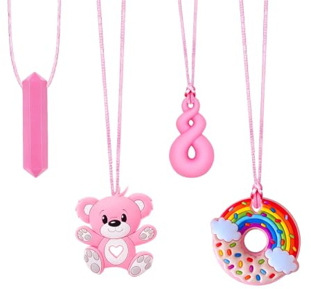 Chew Toys for Autistic Children, 4 Pack Pink Silicone Autism Sensory Chew Necklaces, Chewy Toys for Autism Teether Toy for Boys