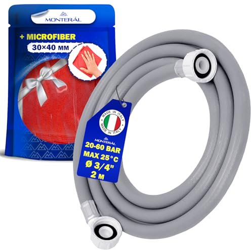 Manguera Lavadora y Lavavajillas 2 m para Entrada Agua 25°C Presión de 20 a 60 Bar Conexión Recta y Ángulo Ø 3/4 - Completo con Bayeta Microfibra - MADE IN ITALY - MONTERAL
