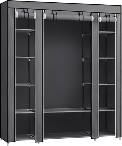 MY HOMIE 59 inches Wide Large Canvas Wardrobe, Foldable Closet Organizer with 12 Shelves and Hanging Rod, Fabric Clothing Storage for Bedroom, Clothes Organizer with Water Resistant Cover - Grey