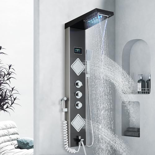 Harnart Columna de ducha hidráulica 6 en 1 para bañera negra con columna de ducha LED, masaje hidráulico, sistema de panel de ducha montado en la pared de acero inoxidable