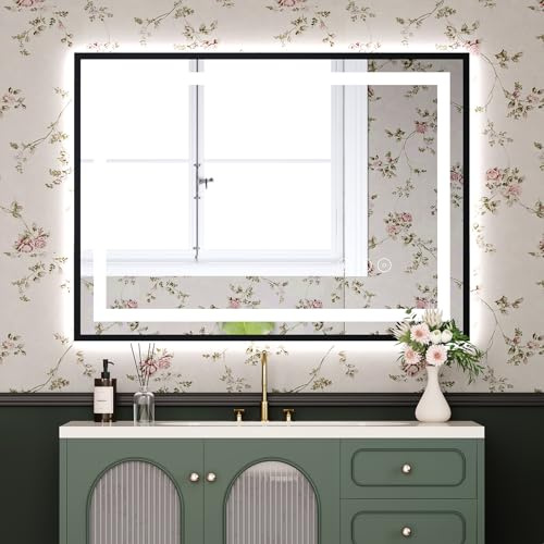Dripex Black Metal Framed Bathroom Mirror with LED Lights, 600 * 800 MM Light up Backlit Mirror Bathroom Anti Fog Mirrors Dimmable Switch with 3 Colors, Horizontal/Vertical