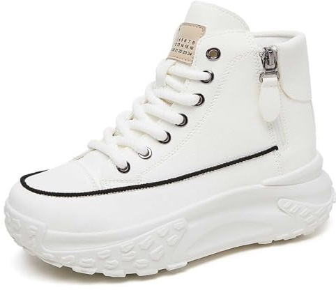 Sneaker da donna con suola spessa e gambo alto, scarpe da ginnastica tradizionali, scarpe da ginnastica ortopediche, bianco, 40 EU