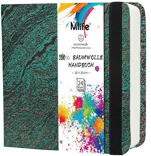 Mlife Blocco Da Disegno Quadrato,Carta Per Acquerelli Bifacciale,100% Cotone,300 G/M²,Senza Acidi,Ideale Per Amanti Dell'arte,Adulti E Studenti,16,5 X 16,5 cm, Onde Verdi