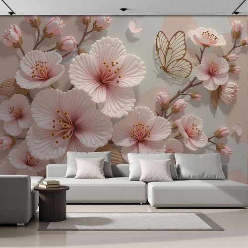 Murales 3D De Seda, Pintado Panorámico Mariposas Flores De Cerezo Mural Para Artística, Papel Tapiz Fotográfico Flores En Relieve 3D Decoración Póster De Pared Salón Dormitorio 400x280cm
