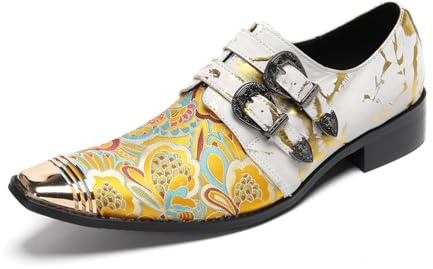 Yhsdfcn Bröllopsskor för Herrar Lyx - Äkta Läder med Brokadbroderi - Handgjorda Double Monkstrap-skor med Metalltå