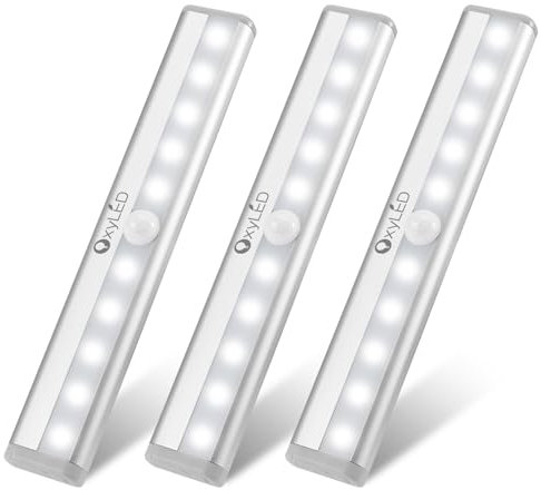 OxyLED sensore di Movimento, sotto illuminante, da attaccare Ovunque, Senza Fili, 10 notturne a LED, luci sicure Armadio Scale, Confezione da 3, Bianco Puro, 3pack Battery