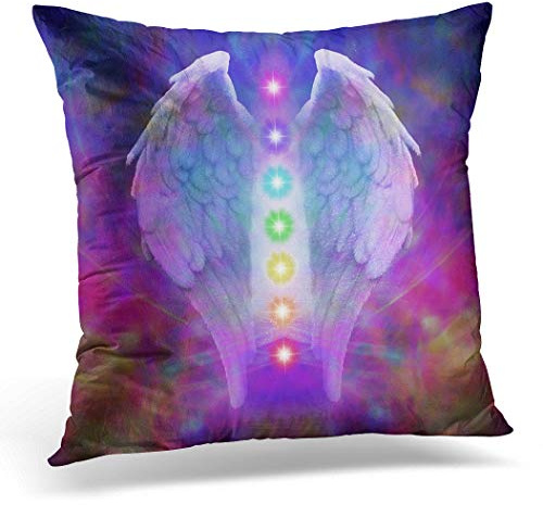 Topyee Funda de cojín Reiki con alas de ángel y siete chakras en alma colorida de 45 x 45 cm, decoración del hogar, funda de almohada cuadrada para cama o sofá