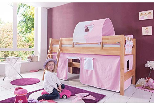 Relita Halbhohes Spielbett Kim mit 3 TLG. Stoff-Set rosa/weiß, Buche massiv Natur lackiert