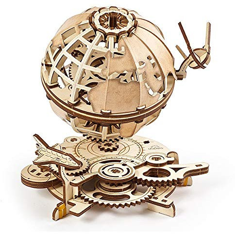 UGEARS Globus-3D-Puzzle aus Holz – Vatertagsgeschenk, drehender Holzbausatz – mechanischer Globus mit dem Shuttle und dem Sputnik – selbstmontierbare Holzmodellbausätze für Erwachsene 3D-Puzzles