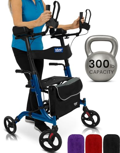 Vive Mobility Upright Walker with Seat, for Seniors, Women - Stand Up Rollator, Arm Rests, Heavy Duty, Folding Medical Aid Scooter for Elderly, Seniors - Walking Foldable Assist (Blue, Black Bag)