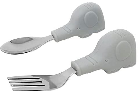 Tiny Twinkle - Posate d'apprendimento per bambini con manico ergonomico animaletto in acciaio inossidabile e silicone alimentare, cucchiaio e forchetta