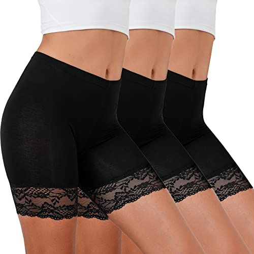 Tuopuda Shorty Cycliste Femme Panty Anti Frottement, Short sous Robe Jupe Caleçons Courts Dentelle Legging Courts Boxer Culottes sous-Vêtement Été Yoga Fitness Jogging Danse Course, Noir*3, L