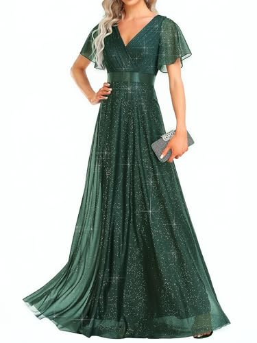 Ever-Pretty Vestido de Fiesta A-línea Largo para Mujer Escote en V Manga Corta Plisado con Lentejuelas Verde Oscuro 56