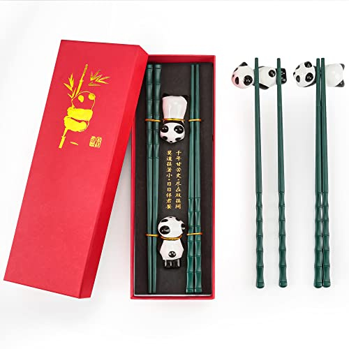 Chinesische Stäbchen-Set - 2 Paar Bambusform Essstäbchen mit 2 Panda-Stäbchenhalter, Wiederverwendbare rutschfest, spülmaschinenfest, Geschenk für Panda-Liebhaber (Grün)