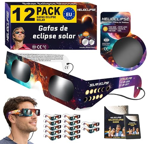 Helioclipse 12x Gafas Eclipse Solar Homologadas ISO 12312-2 2026 - Gafas para Ver Eclipse Solar - Gafas de Eclipse Solar Homologadas - 2x Filtro Solar Móvil
