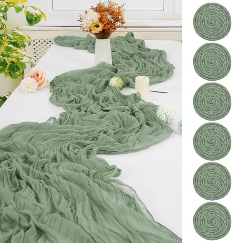 Lot de 6 Chemins de Table en étamine en Vert Sauge 90 x 300cm Rustic Boho Cheese nappes Long Chemin de Table en Tulle Lavable pour la décoration de réception de Mariage Fête d'anniversaire