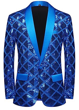 CARFFIV Men Sequin Shiny Stereoscopic Pattern Prom Suit Jacket One Button and Blazers Tuxedo for Wedding Banquet,Blue,XL