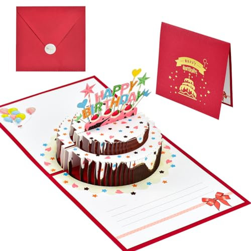 DOUSELLA Pop Up Geburtstagskarte 3D Happy Birthday Karten Geburtstag Grußkarten mit Torte Pop up Geburtstagskarte mit Umschlag Torten Geschenkkarte Happy Birthday Grußkarte für Ihre Familie, Freunde