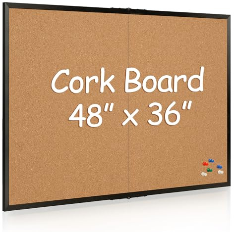 Board2by Cork Board Bulletin Board 36 x 48, Black Wood Framed 4x3 Corkboard, Foldable Office Board for Wall Decor, Large Wall Mounted Notice Pin Board with 36 Push Pins for School, Home & Office
