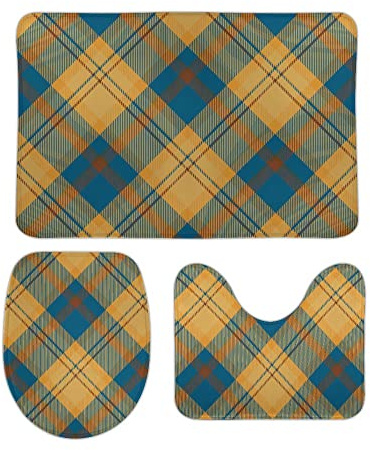 3 Pcs Bath Mats Tartan Scotland Plaid Pattern Machine Washable U Shape Wc Toilet Rug Absorbent Toilet Cushion Soft Rug Non-Slip 3 Piece Set