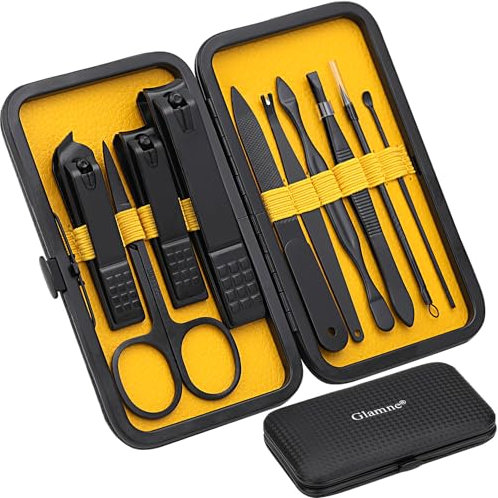 Glamne Set manicure Kit tagliaunghie Strumenti professionali per la cura delle unghie in acciaio inossidabile con custodia da viaggio in pelle 10 in 1 giallo