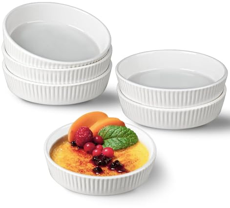 Ramekins - Ramequines poco profundos aptos para horno para platos de crema brulee, platos de cerámica para soufflé, platos de quiche, mini sartenes para servir individual, tazas de pudín blanco, juego