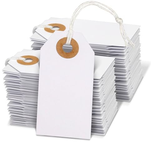 Hanqing Price Tags with String, 100 Pcs Hang Card with Reinforced Hole, Blank Paper Display Tags for Luggage, Clothing, Gifts, Jewelry (White)